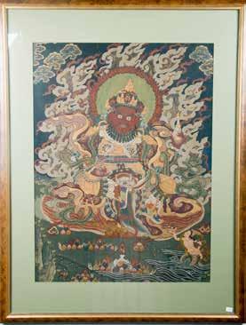 067 唐卡 A Tibet Thangka depicting a red face immortal figure, with flaming clouds