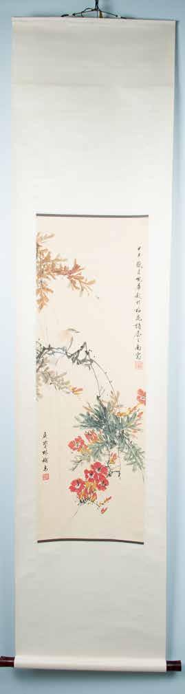 132 梅兰芳, 侯宝林合作花鸟挂轴 Depicting a bird standing on the branches of the flower, titled and signed