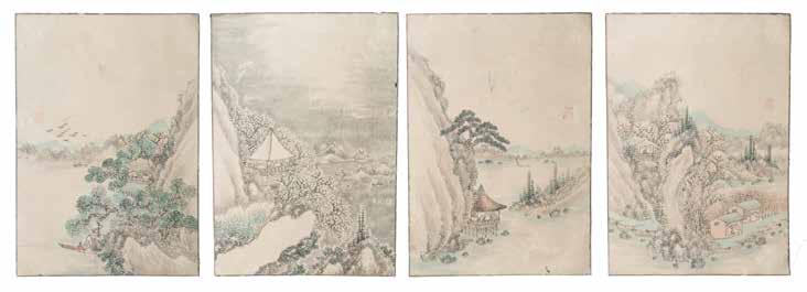 5cm $800-$1000 135 四张册页山水画设色纸本 A group of four landscape paintings, depicting mountain, lake, pavilion and