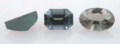 Figure 24. These three cuprian tourmalines from Mozambique (5.47, 5.68, and 5.37 ct) exhibit a strong reverse color change from fluorescent light (left) to incandescent light (right).