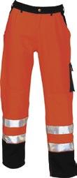 Orange/navy. 65% polyester / 35% cotton. 295 g/m² twill. Tefl on -treated. Two-tone high-visibility bib & brace with reflective tape and adjustable knee pad pockets. Adjustable waistband (5 cm; 1.