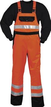 225 g/m². Two-tone high-visibility outer bib & brace with refl ective tape, adjustable knee pad pockets and lining. Breathable, wind and waterproof Mascotex with taped seams.