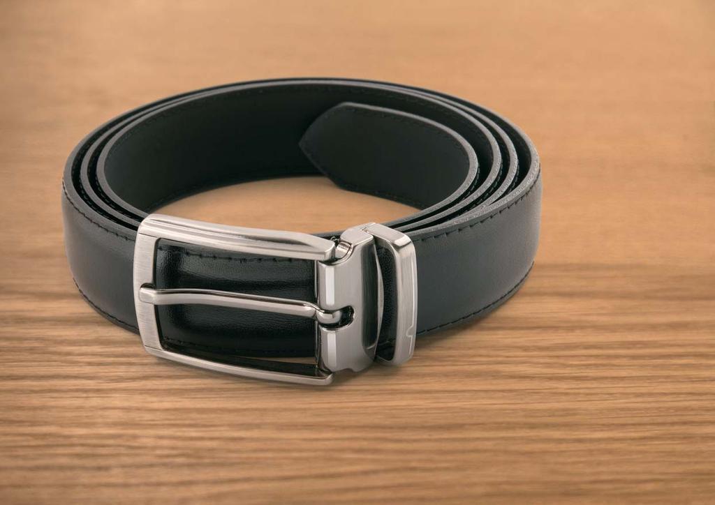 black Elegant formal belt with a smoke - coloured clasp and integrated metal fastener to allow it to be shortened as required.