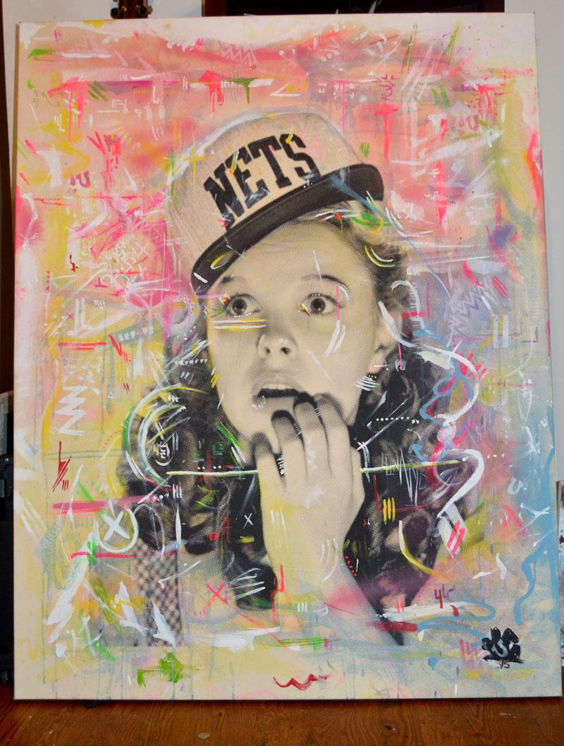 Not in Brooklyn Anymore 48x62 " Screen print with acrylic/spray Canvas on 2" Gallery canvas Originally shown as part "TROPHY ART" AZ Art Gallery, New York City Group Shows Ultimately the most