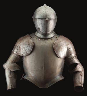 211 211 A COMPOSITE HALF-ARMOUR, EUROPEAN LATE 16TH CENTURY AND LATER comprising close helmet with low-combed one-piece skull flanged outwards at the nape to receive missing gorgetplates, and