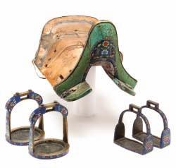 13 14 13 A CHINESE CLOISONNÉ-MOUNTED SADDLE AND STIRRUPS, 19TH CENTURY the saddle with wooden frame (previously covered in leather), the principal borders faced with cloisonné brass decorated with