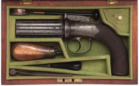 384 384 A CASED 54 BORE SIX-SHOT SELF-COCKING PERCUSSION PEPPERBOX REVOLVER BY S.