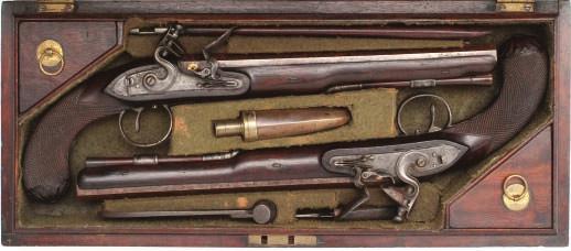 406 406 A CASED PAIR OF 25 BORE FLINTLOCK DUELLING PISTOLS BY H. W.
