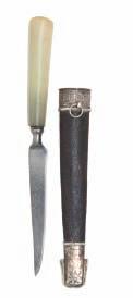37 38 39 37 AN INDIAN JADE-HILTED DAGGER, 19TH CENTURY with long recurved double-edged blade chiselled with a series of cartouches on each side (pitted), slender hilt of mottled jade fitted with a
