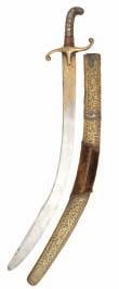 51 52 53 51 A BALKAN YATAGHAN, EARLY 19TH CENTURY with slightly curved single-edged blade, decorated in gold koftgari with a series of calligraphic panels and the date on one side (the date partly