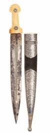 58 59 60 58 A CAUCASIAN SILVER-MOUNTED KINDJAL, LATE 19TH/20TH CENTURY with double-edged blade sharply tapering towards the tip, cut with an off-set fuller on each side, silver hilt encased in silver