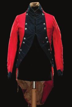 156 156 A STAFF OFFICER S UNDRESS FROCK, CIRCA 1792-99 of scarlet wool, with dark blue lapels and cuffs; twist loops to the sleeves, lapels and skirts arranged in pairs; plain, white metal,
