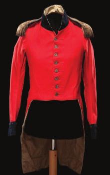 158 158 A STAFF OFFICER S UNDRESS FROCK, CIRCA 1790s of scarlet wool, single-breasted, with dark blue collar and cuffs; flat, polished, plain, silver-plated buttons - marked SHEFFIELD PLATED on their