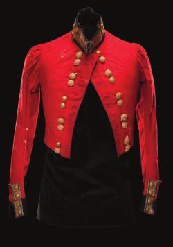 175 A COMPANY OFFICER S COATEE OF THE LONDONDERRY LEGION, CIRCA 1829-38 of scarlet cloth with dark blue collar and cuffs and gold lace; gilt metal half-domed buttons - by Charles Clancy of Dublin -