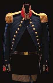 177 177 A LIEUTENANT S FULL DRESS COATEE, SWORD BELT, EPAULETTE AND SCALE, ROYAL NAVY, 1830-32 the coatee of dark blue wool, with scarlet collar and mariner s cuffs and the gold lace commensurate