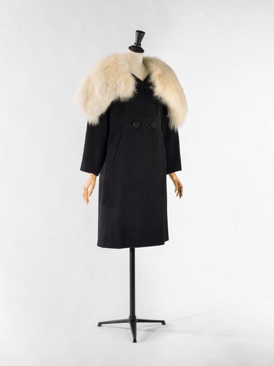 Coat Designed with Eisa, winter 1957 Twill weave wool. Arctic fox collar. Passementerie buttons. Silk taffeta lining. Concealed elastic ribbon in the middle of the back Palais Galliera, gift of Mrs.