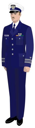 Service Dress Blue (SDB) Bravo - Men CG Service Dress Blue coat with silver buttons. CG Service Dress Blue trousers. Light blue CG uniform shirt, long or short sleeve. Black socks and shoes.