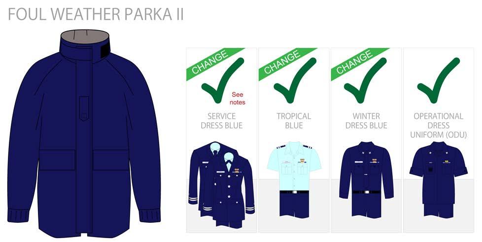 Foul Weather Parka Wear The Foul Weather Parka II (worn with or without the liner) is authorized for wear with the Operational Dress Uniform (ODU), Tropical Blue,