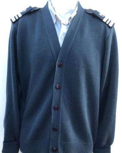 Cardigan Sweater Worn with Tropical Blue Uniform. Worn with enhanced shoulder boards only when worn with Tropical uniform.