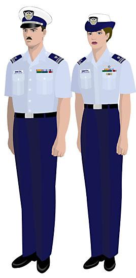 Tropical Blue Light blue CG uniform shirt, short sleeve. The Overblouse or Maternity shirt, untucked, may be worn by women in lieu of the light blue CG uniform shirt.