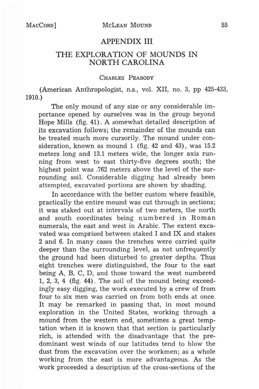 MACCORD] McLEAN MoUND 55 APPENDX THE EXPLORATON OF MOUNDS N NORTH CAROLNA CHARLES PEABODY (American Anthropologist, n.s., vol. X, no. 3, pp 425-433, 1910.