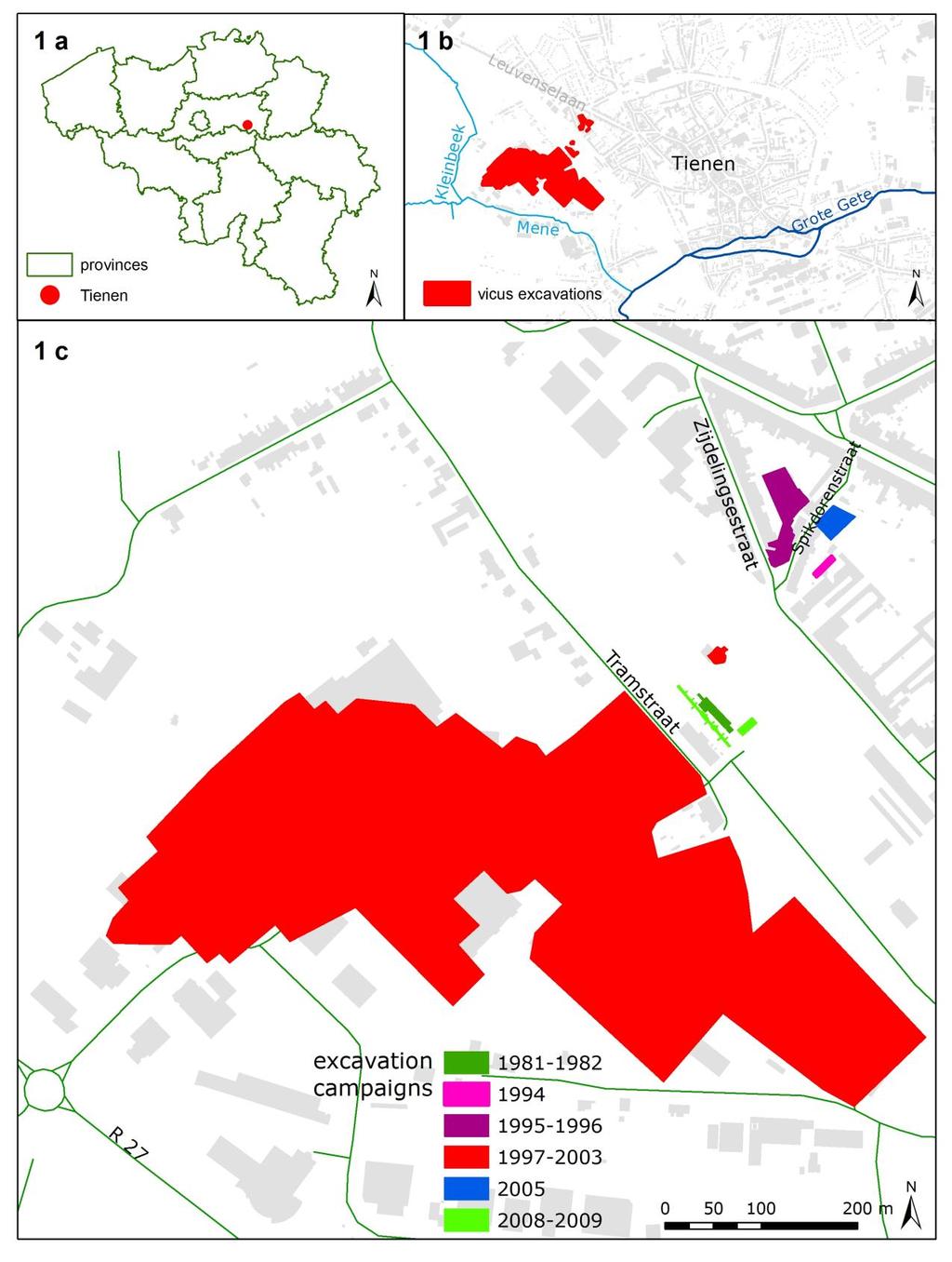 Fig. 1.1. a. situation of Tienen in Belgium, b. the vicus excavations including Grijpenveld site in the southwestern periphery of Tienen, c. Grijpenveldsite in red.