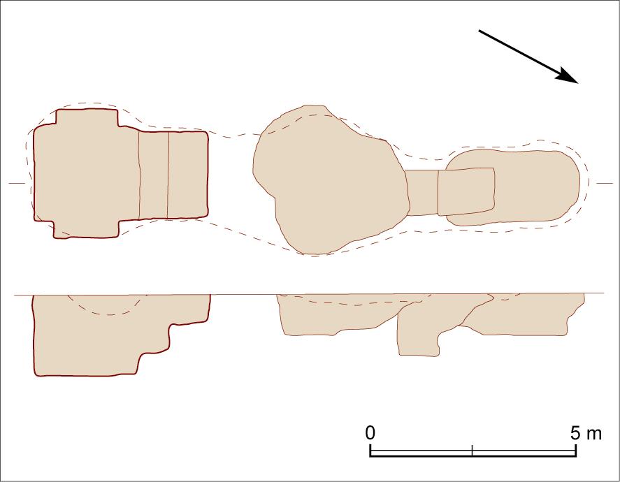 Parallel to, and outside the SW wall of the mithraeum was found a large (13.5 x 2.5 m), almost rectangular, dark brown/greyish structure (fig. 4.152, fig. 4.154).