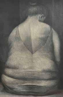 54 x 71cm 100-150 21 21. Christopher Stevens (20th century) British Fat Lady, c. 1986, black crayon, signed, framed and glazed. 70 x 45.