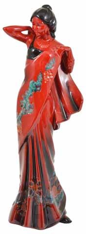 D to the underside and printed mark, length 46cm 158. A Royal Doulton flambé figure of a genie dated 1982.