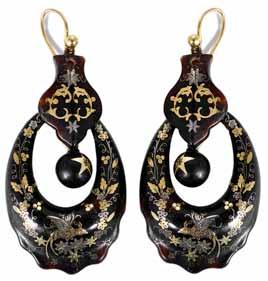 A pair of large Victorian tortoiseshell pique drop earrings, with gold and silver inlay depicting an insect amongst flower