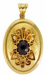 Jewellery & Watches 306. An Art Noveau amethyst and pearl scroll drop pendant stamped 9ct on 15ct gold chain and another smaller 9ct gold Art Noveau foliate scroll drop pendant, total weight approx.