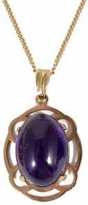 A contemporary 9t gold mounted oval amethyst crystal geode set pendant on gold chain, together with a 9ct gold mounted cabochon amethyst pendant on gold chain and two others (4), Giode pendant