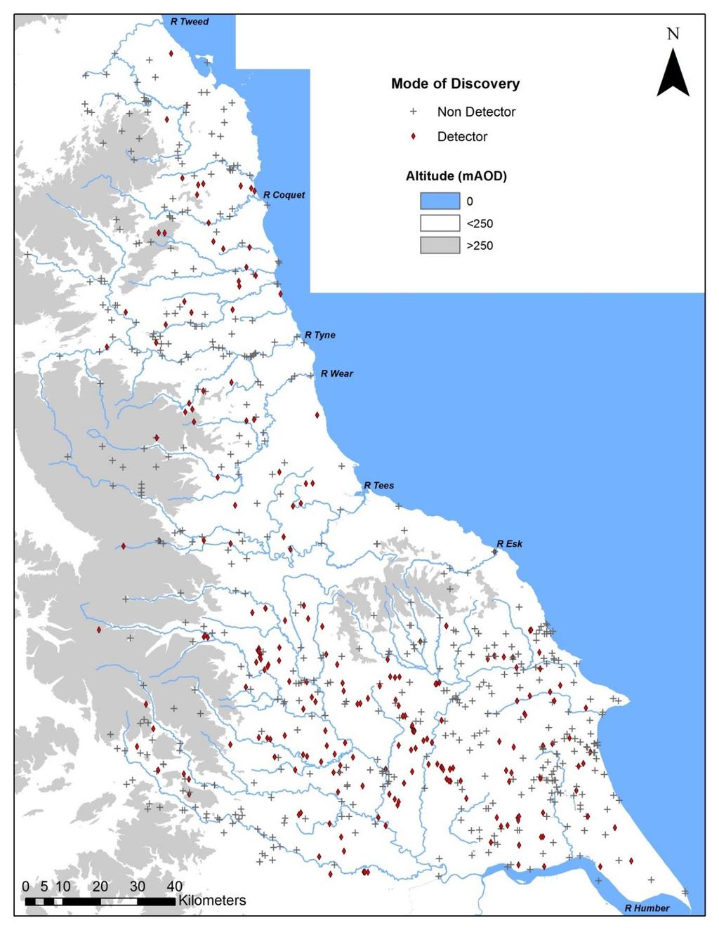 Figure 5.2 Map showing the distributions of metal detector and non-detector finds.