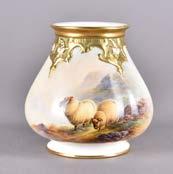 A Royal Worcester porcelain four sectioned squat vase with painted scene of sheep within a Highland landscape by E H