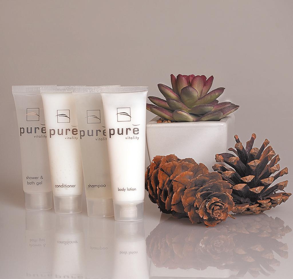 GUEST AMENITIES Featuring contemporary tubes and classic whites, the Pure Vitality collection provides guests with simple, stylish and luxurious offerings, emanating effortless style for any