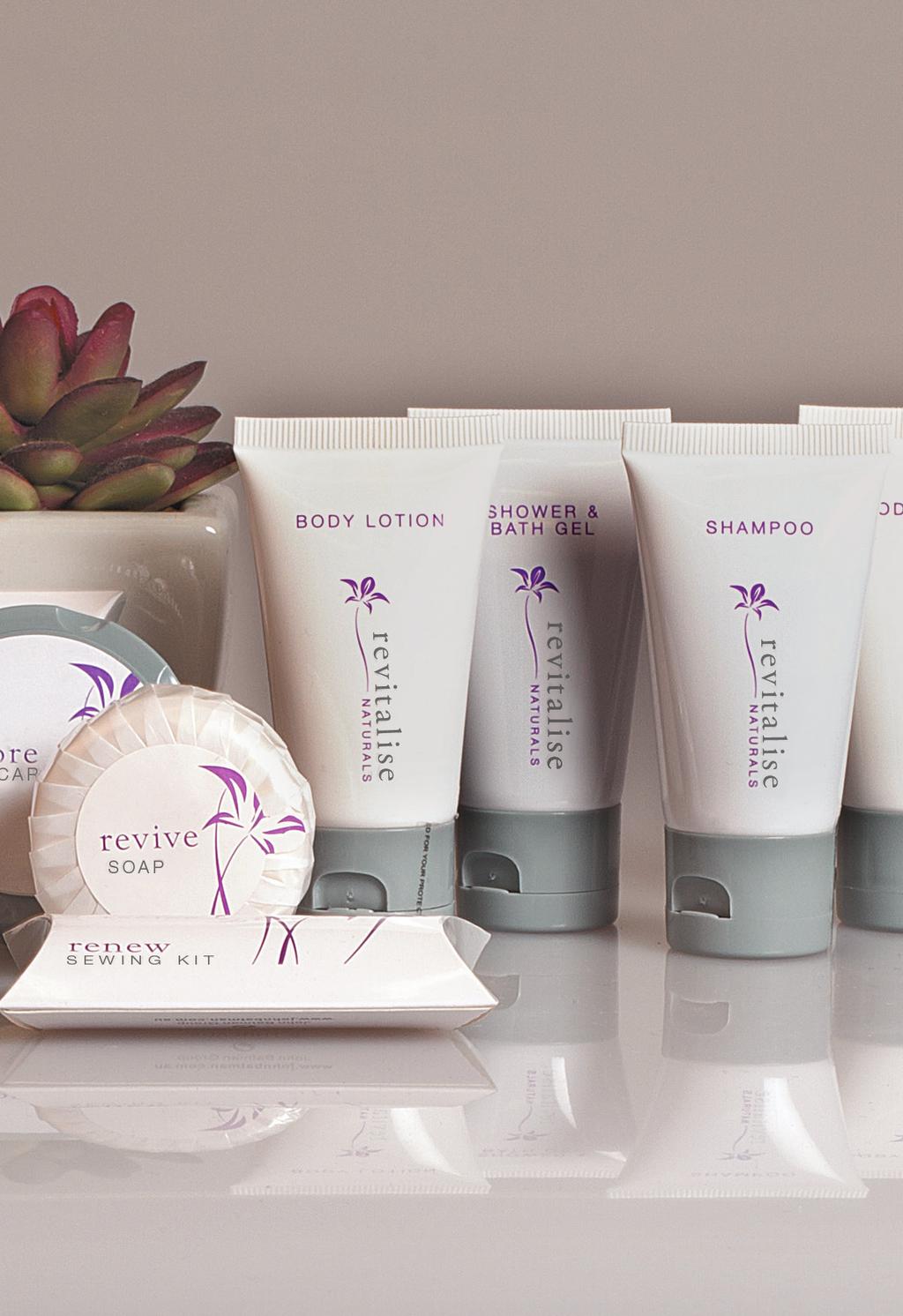 GUEST AMENITIES Inspired by the calming colours and fragrance of lavender, the Revitalise Naturals range has a warm and relaxing effect.