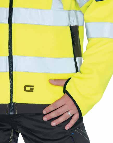C161 Halifax Hi-Vis fleecejacket Frong zipper with inner windlist and zipper garage. Zippered chest and front pockets. ID-card pocket. Thumbhole in the elastic binded sleeve ends. Dropped back hem.