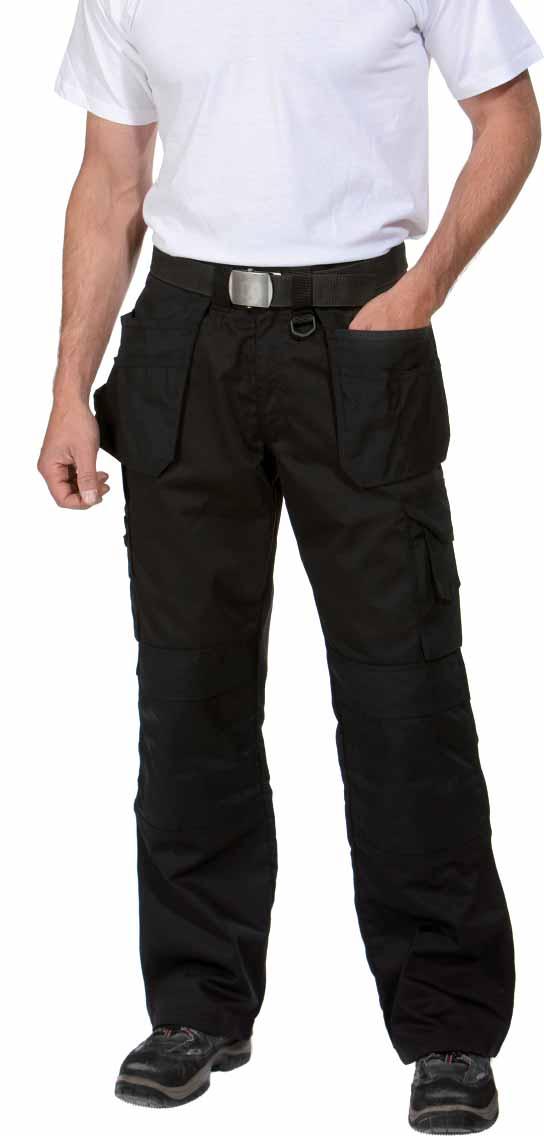 Wide back pockets, one with a stud fastened flap. Durable pockets for knee-pads. Velcro loops for tools. D-ring on the belt loop.