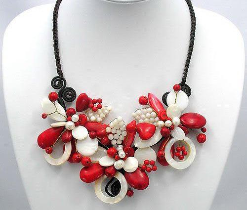 ANTA - Red Howlite, Freshwater Pearl & Mother of Pearl Flower Necklace.