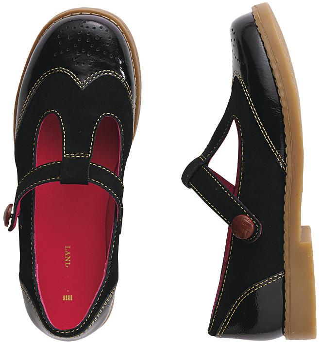 50 Wing-tip suede uppers (Black has black patent accents) Strap has a decorative butn with elastic Antimicrobial treated lining helps fight odor Good-gripping soles keep her grounded Suede uppers are