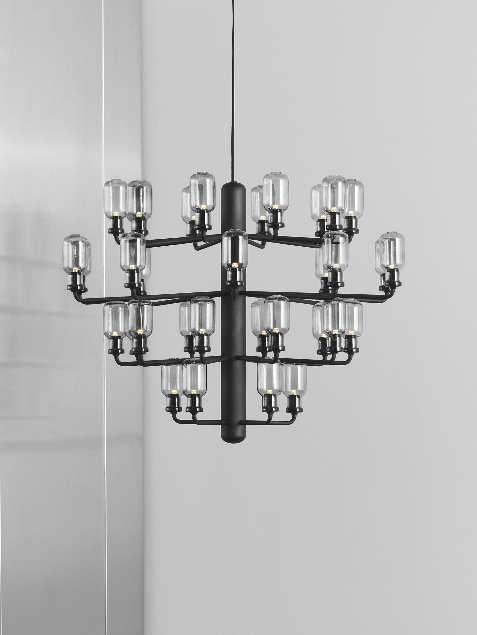 16 Amp chandelier The show-stopping Amp chandelier is built up around a central steel cylinder, from which small arms grow out to form a voluminous oval shape.