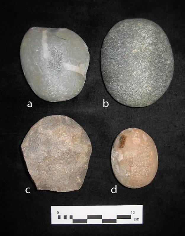 Pitted anvil stones were likely used in the manufacture chert tools. They contain a central depression on one or both sides where a chert core could be secured for flake removal.
