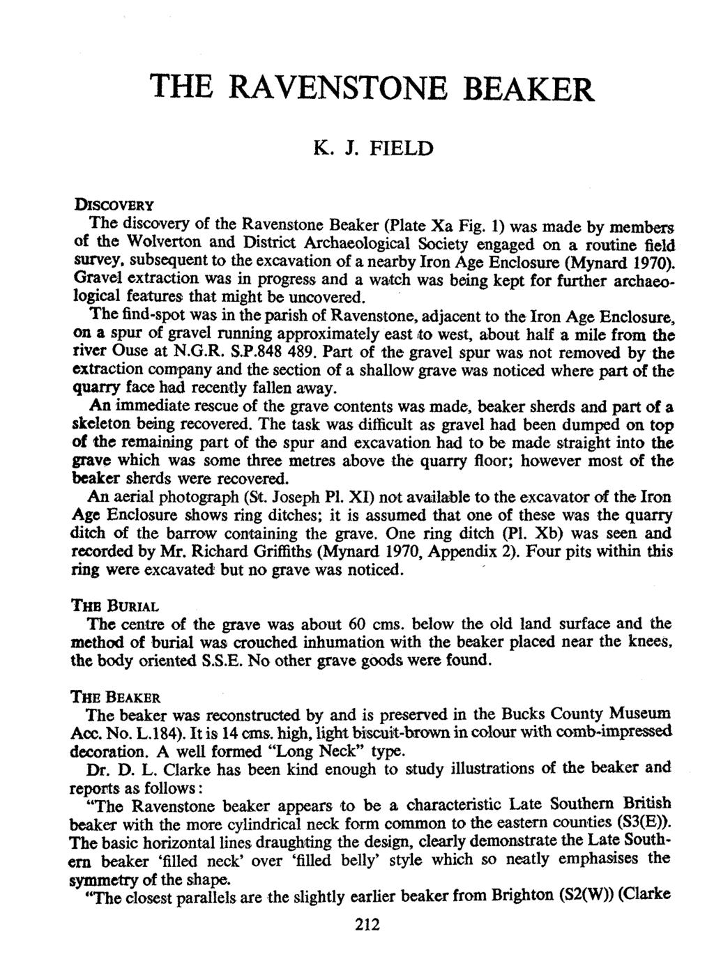 DISCOVERY THE RAVENSTONE BEAKER K. J. FIELD The discovery of the Ravenstone Beaker (Plate Xa Fig.