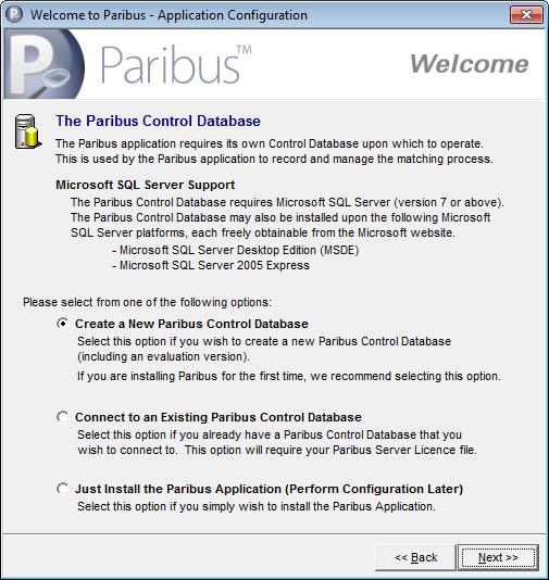15 Paribus Installation 8) On the Paribus Control Database dialog, select one of the following options: Create a New Paribus Control Database Select this option if you wish to create a new Paribus