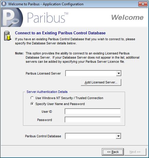 16 Paribus Installation 9) If choosing to connect to an existing Paribus Control database, the following configuration page will be displayed.
