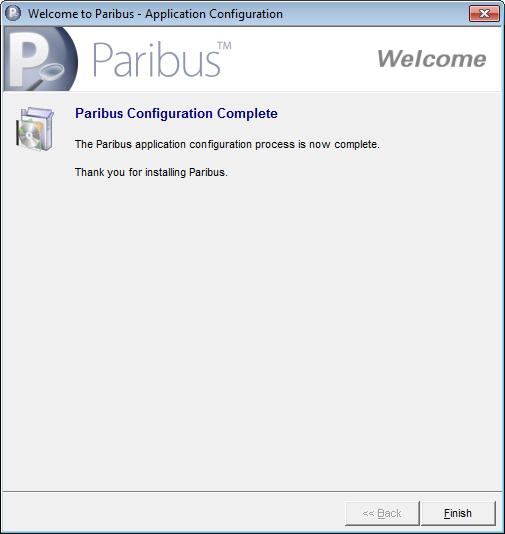 17 Paribus Installation 10) Once configuration is complete, click the Finish button to