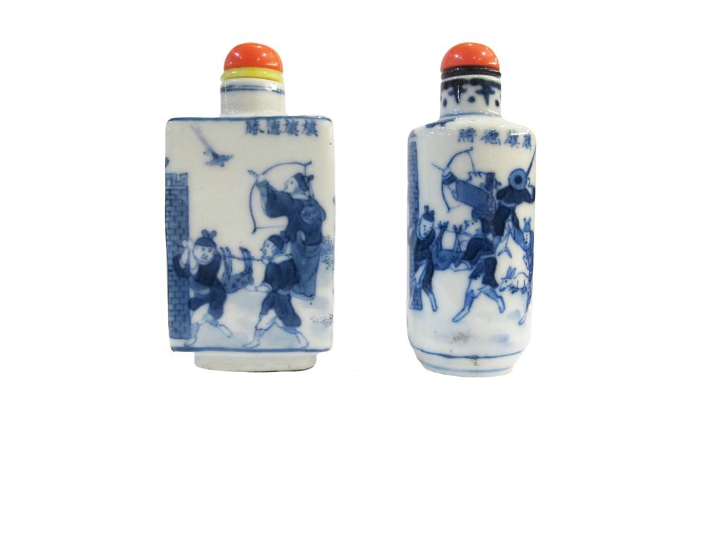 Cupid & Aphrodite Cupid A blue and white porcelain snuff bottle of squared form, decorated with a hunting scene.