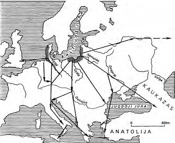 Fig. 6. Amber trade routes in the Bronze Age, according to M. Gimbutienė, 1985, Fig.