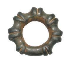 A Late Iron Age to early Roman mini terret ring (CAM-5D7F05) from Stapleford, Cambridgeshire (25 x 6mm) An Iron Age strap fastener (ESS-1D1BC2) from Wickham Bishops, Essex (45.