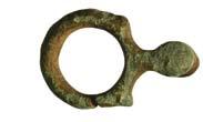 Cast in copper-alloy, the sub-circular frame with opposing triangular knops and a short integrally cast shank may potentially have been used as a button and loop fastener.